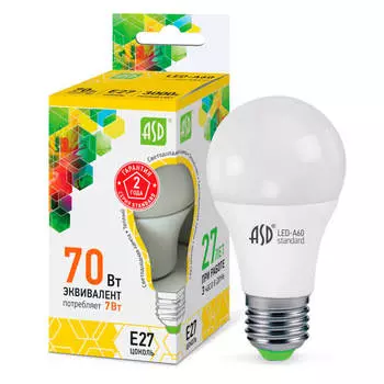 Лампа светодиодная ASD 7вт а60 е27 теплый