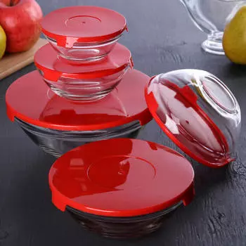 Набор салатников 5 шт мфк 150 мл+200 мл+350 мл+500 мл+900 мл красные крышки п/у