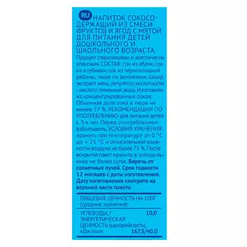 Напиток фрутоняня 500мл ягодная поляна из смеси фруктов и ягод с мятой сокосодержащий
