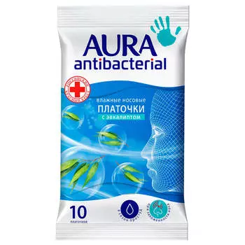 Платочки влажные Aura 10шт антибактериальные с эвкалиптом