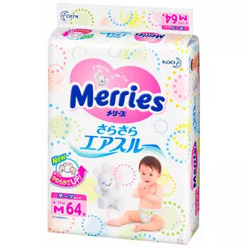 Подгузники Merries 64шт 6-11кг миди универсальные