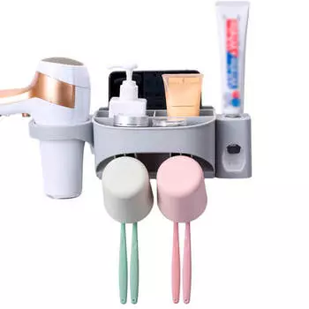 Полка–органайзер для ванной Ecoco с дозатором для зубной пасты держателем д/фена 2 чашки