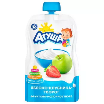 Пюре Агуша 90г яблоко клубника с творогом с 6 месяцев дой-пак