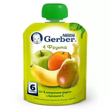 Пюре Gerber 90г 4 фрукта с 6 месяцев дой-пак