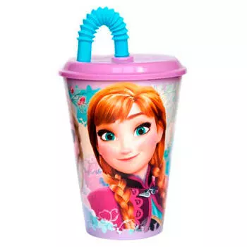 Стакан 430мл холодное сердце цветы спортивный с соломинкой и крышкой пластик 265221