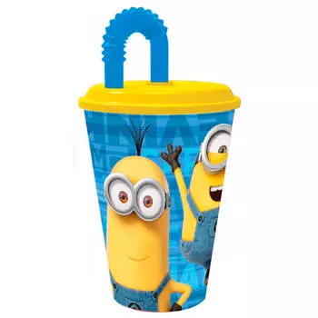Стакан 430мл миньоны правила споривный с соломинкой и крышкой пластик 265214