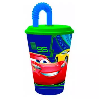 Стакан 430мл тачки 3 спортивный с соломинкой и крышкой пластик 265219