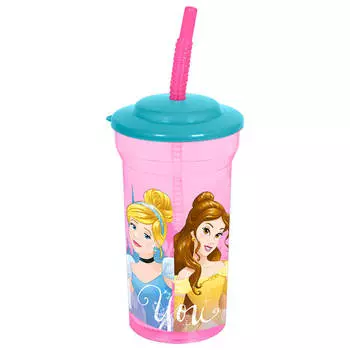 Стакан 460мл с соломинкой и крышкой Disney принцессы дружные приключения пластик