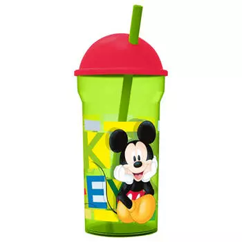 Стакан 460мл с соломинкой и крышкой-полусферой Disney микки маус акварель