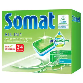 Таблетки для посудомоечной машины Somat All in 1 ProNature, мультифункциональное средство для мытья