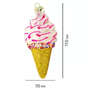 Украшение елочное в виде вафельного рожка с мороженым 5,5*5,5*11см розовый/золотой Стекло us-candy0