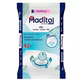 Влажная туалетная бумага MADITOL 42шт с экстрактом коры дуба