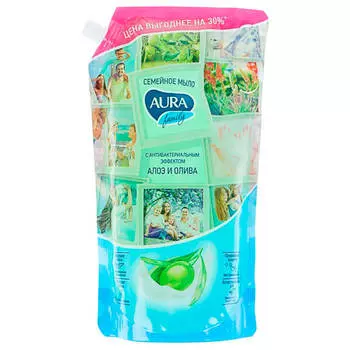 Жидкое мыло Aura 1000мл с антибактериальным эффектом олива и сок алоэ дой-пак
