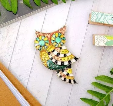 Брошь "Филин" калейдоскоп, цветная в золоте