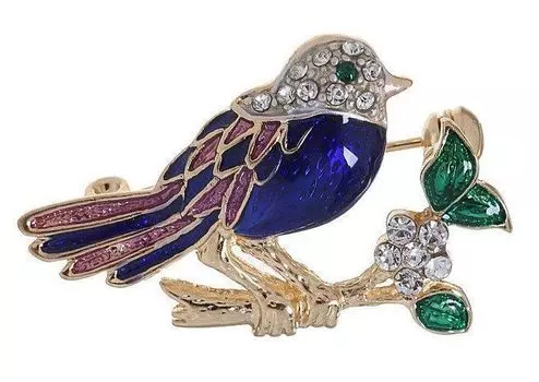 Брошь "Птичка на веточке", цветная в золоте