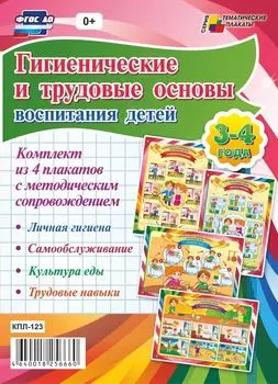 Комплект плакатов "Гигиенические и трудовые основы воспитания детей дошкольного возраста. 3-4 года": 4 плаката А3 формата с методическим сопровождением