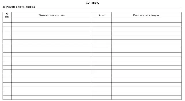 Заявка на участие в соревнованиях: (упаковка 100 шт.)