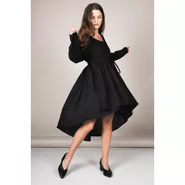 Платье Черешня с асимметричной юбкой из черного льна с завязками (40-46)