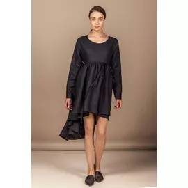 Платье Черешня с асимметричной юбкой из синего льна с завязками (40-46)