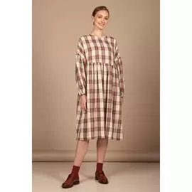 Платье Черешня с пышным рукавом в красную клетку кремового цвета (38-42)