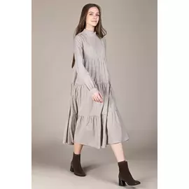 Платье Черешня с воротничком стойка в мелкую клетку с воланами бежевое (42-46)