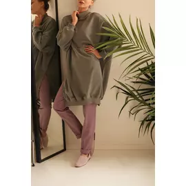 Свитшот Черешня хаки удлиненный с разрезами (40-46)