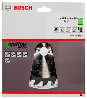 Диск пильный твердосплавный Bosch Ф160х20мм 24зуб. (optiline wood 2.608.640.596)