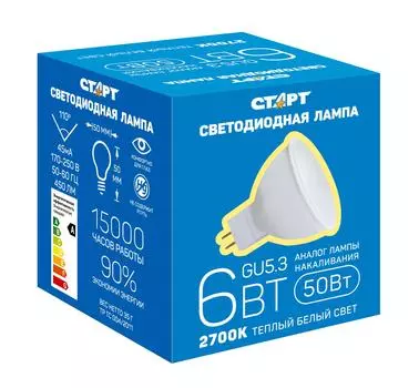 Лампа светодиодная СТАРТ Led jcdr gu5.3 6w 2700К тепл свет. ПРОМОНАБОР