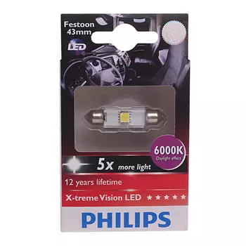Автолампа philips c5w sv8.5,8, 43 мм led x-treme vision 6000k 24v 10,200 old 249466000kx1