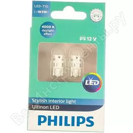 Автолампа philips t10w w2.1х9.5d led cool white 4000k блистер, 2шт 11961ulw4x2