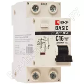 Дифференциальный автоматический выключатель EKF АД-12 1P+N 16А 30мА тип АС х-ка C эл. 4,5кА DA12-16-30-bas