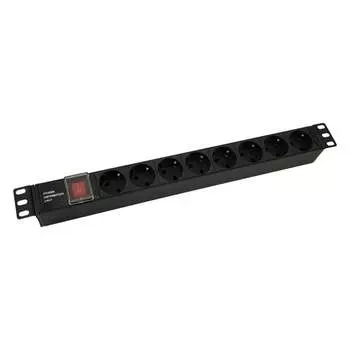 Блок розеток NTSS 19", 1U, алюминий, 1ф10A, 2.3кВт, (8) Schuko CEE 7/7, выкл. с подсв.и крыш., вх. 60320 С14 NTSS-PDU-DA1016
