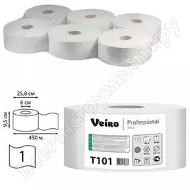 Бумага туалетная veiro professional basic большой диаметр рулона 450 м, 6 шт t101 127082