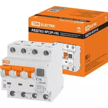 Дифавтомат TDM ELECTRIC АВДТ 63 4п C16, 100 мА SQ0202-0021