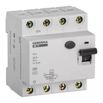 Дифференциальный выключатель GENERICA УЗО ВД1-63 MDV15-4-063-030