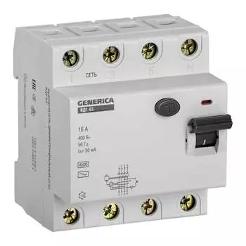 Дифференциальный выключатель GENERICA УЗО ВД1-63 MDV15-4-016-030