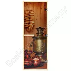 Дверь из стекла с фотопечатью банные штучки чаепитие 1.9x0.7 м, 8 мм, коробка из хвойных пород 32682