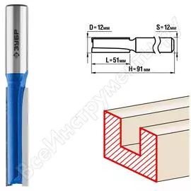 Удлиненная пазовая прямая фреза ЗУБР ПРОФ. 28754-12-51