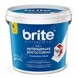 Интерьерная влагостойкая краска brite professional белая, глубокоматовая, база а, ведро 0.9л о02249