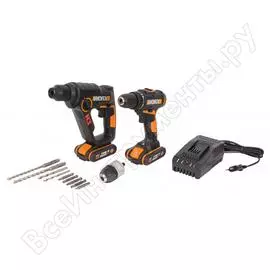 Комбо-набор worx wx927: аккумуляторная дрель-шуруповерт wx101.9 + аккумуляторный перфоратор h3 wx390.1