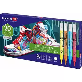 Маркеры акриловые для рисования и хобби BRAUBERG ART CLASSIC 20 ярких цветов, линия 1-2 мм 152524
