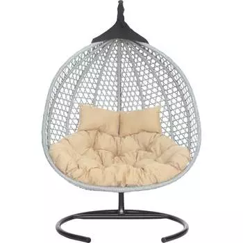 Подвесное двухместное кресло-кокон Лаура ФИДЖИ серый + каркас, подушка бежевая FID 502