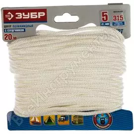 Полиамидный плетеный шнур зубр повышенной нагрузки с сердечником белый d 5 20м 50310-05-020