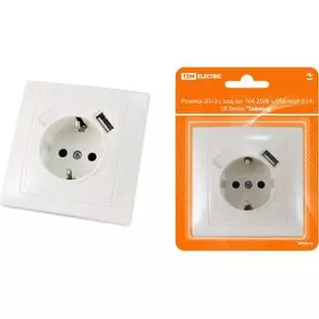 Розетка TDM ELECTRIC 2П+З с защитыми шторками 16А 250В + USB порт 2,1А 5В белая Таймыр SQ1814-0040