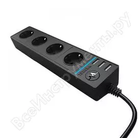 Розеточный блок 4-х местный + 3 usb werkel wl20-04-03 черный a039975