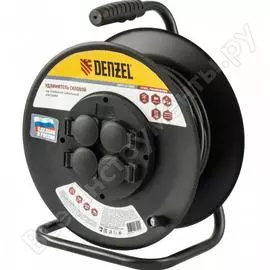 Силовой удлинитель на стальной катушке denzel, пвс 3х2,5 мм, 20м, 4 розетки, 16а, 95983