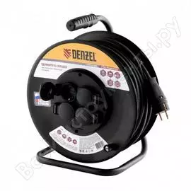 Силовой удлинитель на стальной катушке denzel, кг 3х2,5 мм, 50м, 4 розетки, 16а, 95993