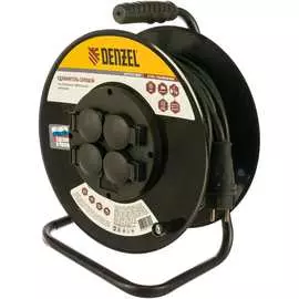 Силовой удлинитель на стальной катушке denzel, кг 3х1,5 мм, 30м, 4 розетки, 16а, 95987