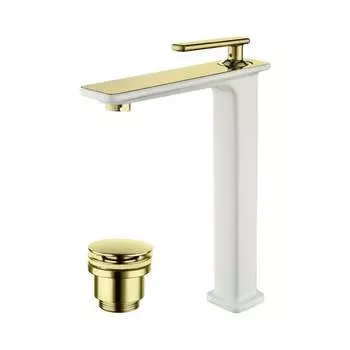 Смеситель для умывальника Lemark Миста высокий, монолитный, белый/золото LM6409WG