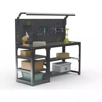 Стол металлический ООО Металекс серия KIT 750х1600х500 мм, с боковыми полками, перфопанелью и комплектом освещения, черный 201474